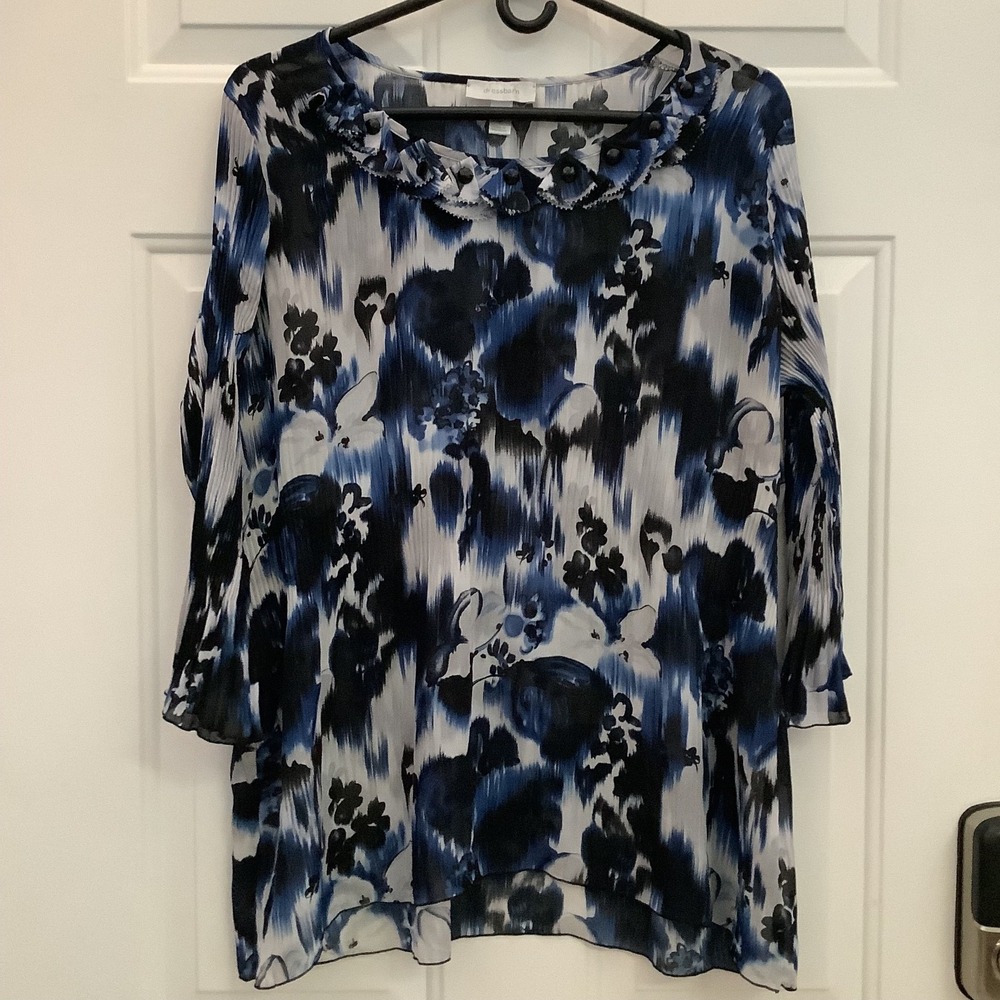 Dressbarn Blouse Floral Ruffle Sheer Large w/‎ Jeweled Neckline